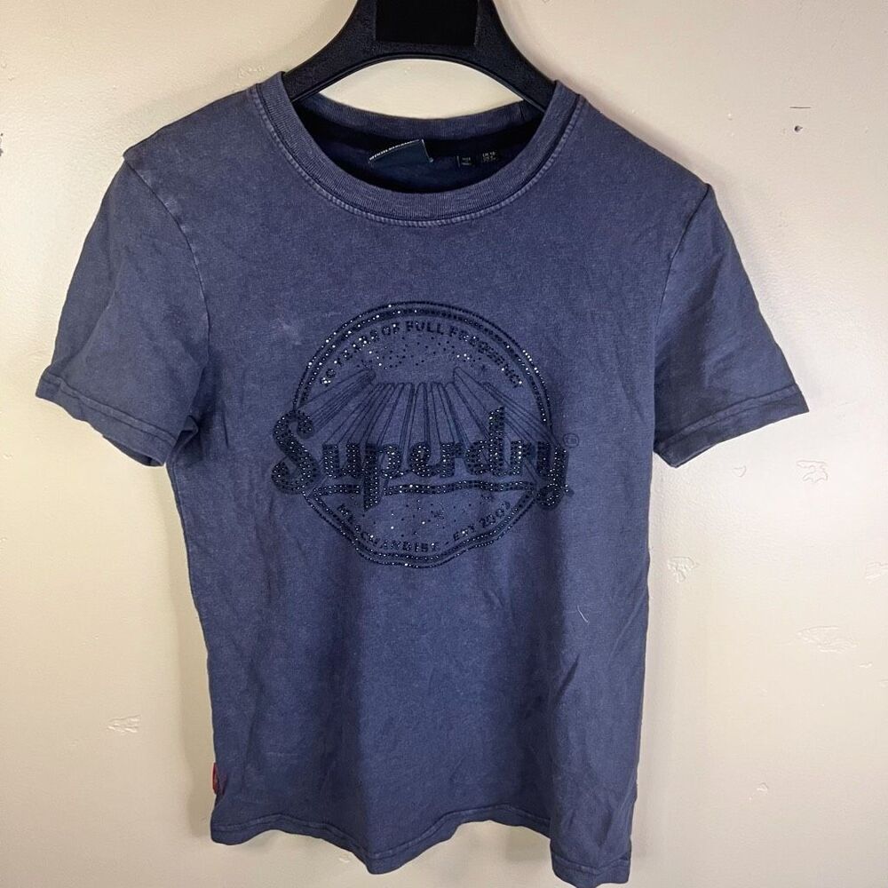 Superdry Womens Sparkle Logo Black Gray Tee Size 6 Casual Travel